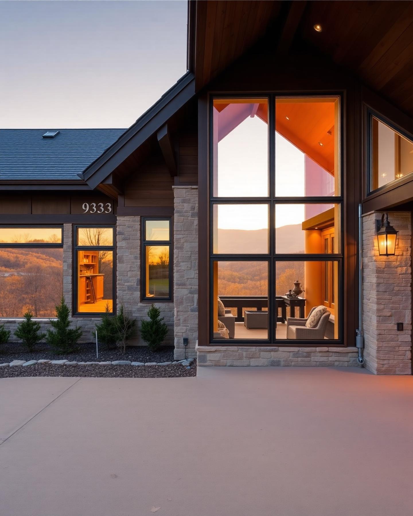 Custom mountain home exterior at golden hour